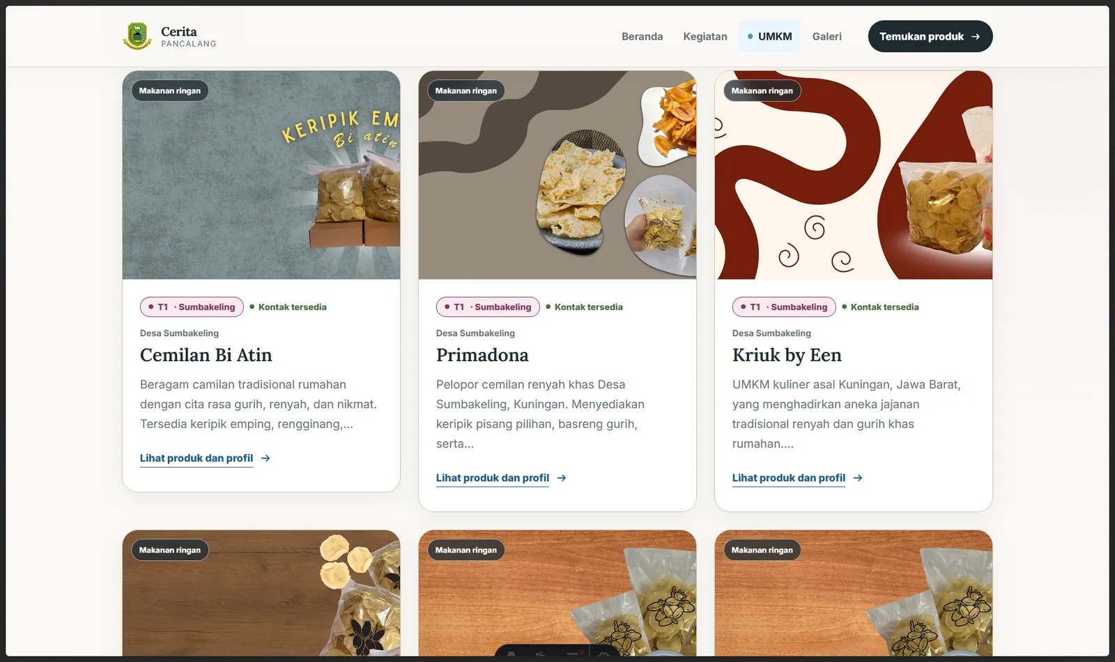 Tampilan katalog digital yang memuat produk-produk UMKM Desa Sumbakeling pada website Cerita Pancalang.