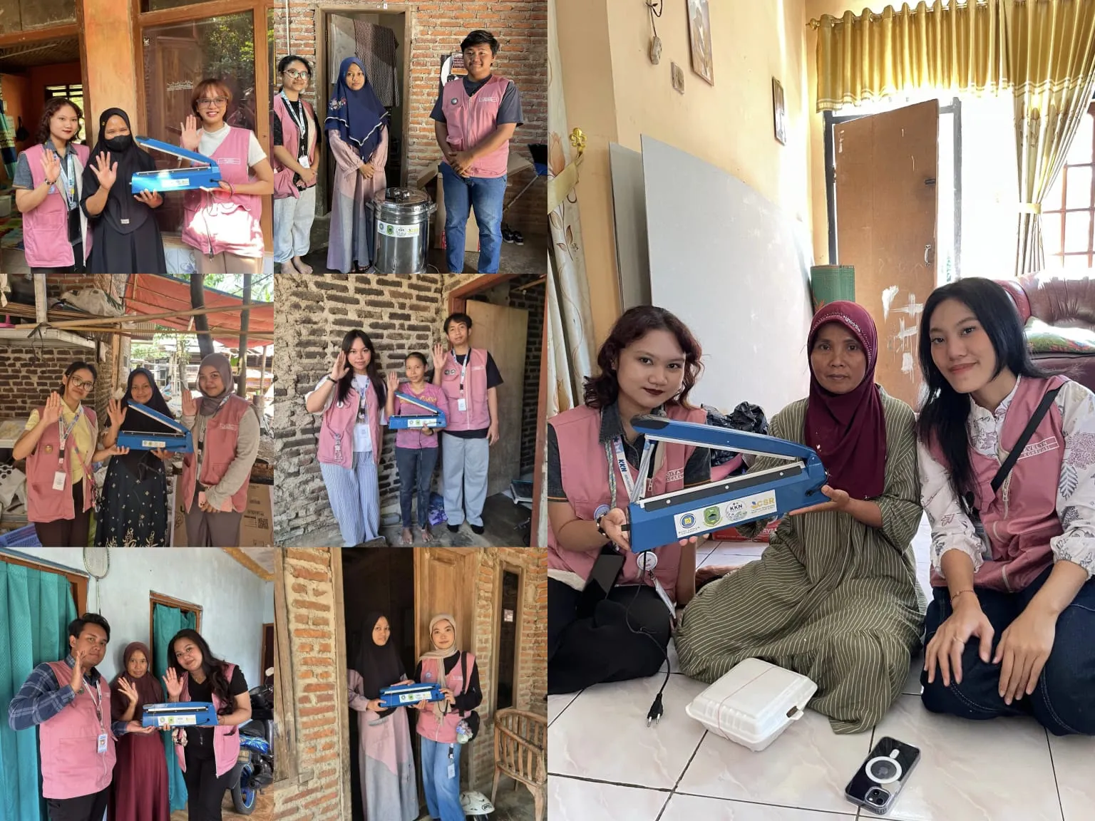 Kolase penyerahan alat press kemasan kepada pelaku UMKM Desa Sumbakeling oleh Tim KKN T1.