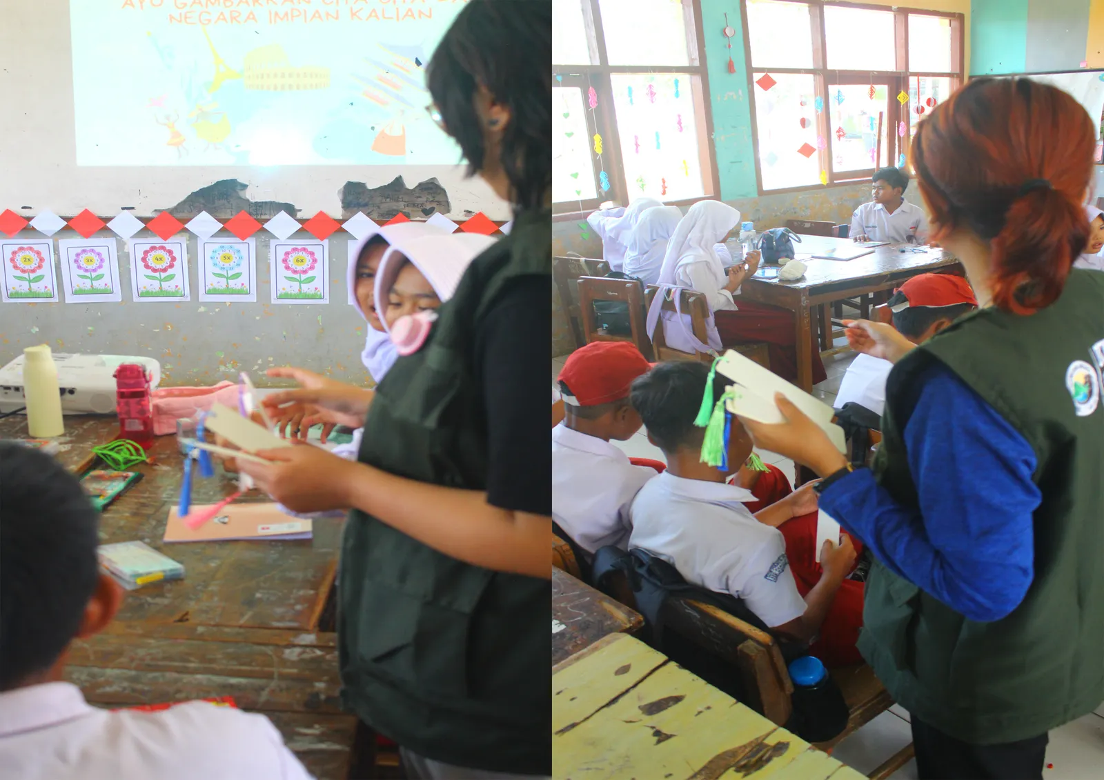 Kolase Tim KKN T3 saat membagikan bookmark kepada siswa kelas VI di ruang kelas.