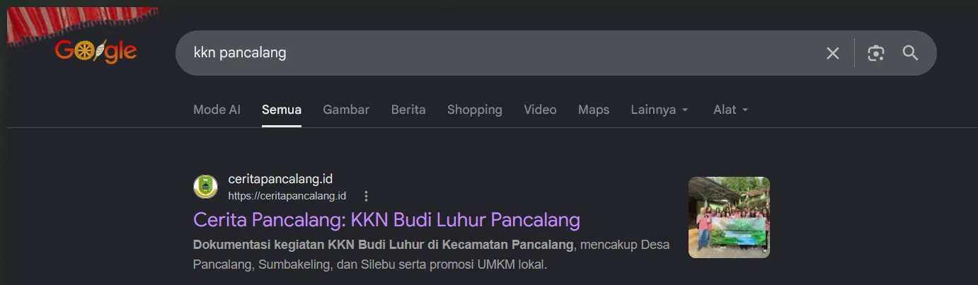 Hasil penelusuran Google menampilkan halaman Cerita Pancalang yang memuat dokumentasi dan katalog UMKM.
